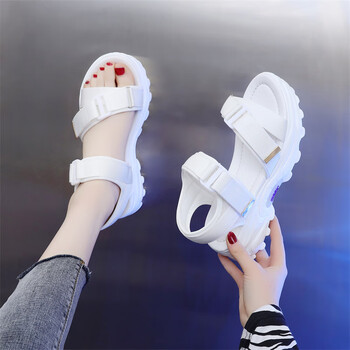 樱妆运动凉鞋女防滑厚底新款魔术贴夏季显瘦露趾学生平底罗马鞋白色36