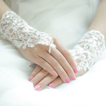 防晒袖套新娘婚纱摄影手套配饰勾指蝴蝶结影楼拍照结婚短款蕾丝网纱