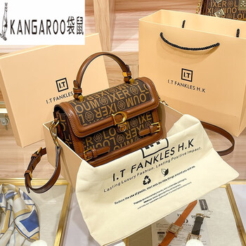 袋鼠（KANGAROO）斜跨女包2023新款复古手提小方包休闲百搭皮质斜挎单肩包 咖啡色