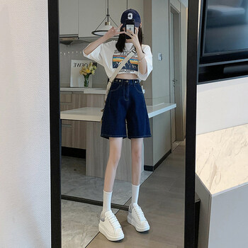 牛仔五分裤女宽松2022甜酷风夏季穿搭高腰五分牛仔短裤女宽松显瘦设计