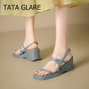 tataglare女鞋坡跟一字扣带凉鞋2024夏季新款百搭淑女法式罗马防水台