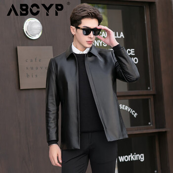 层绵羊皮真皮皮衣男士商务休闲翻领皮夹克中长款时尚外套爸爸装 黑色