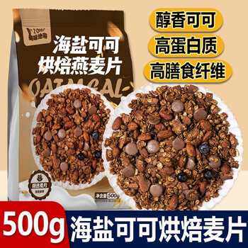 美味地带海盐可可巧克力烘焙燕麦片 即食酸奶冲饮谷物麦片 非油炸营养代餐 可可麦片1袋（500g）