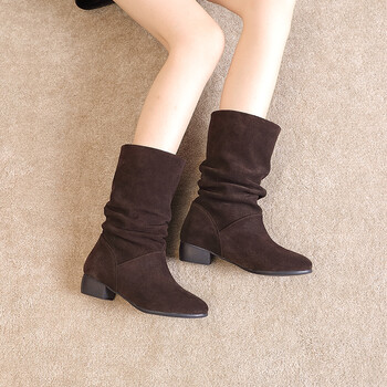 真的皮翻毛皮春秋女短靴平底春秋款磨砂中筒靴女半桶中靴单靴堆堆靴