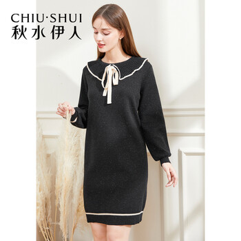 秋水伊人纱线连衣裙2021年冬季新款女装翻领法式优雅中长裙 黑色 L