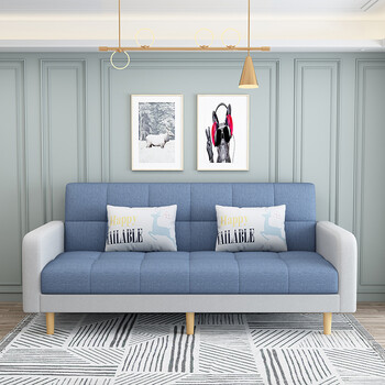 欧柏盛布艺沙发床简约新款科技布猫爪皮双三四人可折叠客厅小户型出租房 雾霾蓝+米白(亲肤棉麻布) 双人位 长1.4米*宽0.95米+抱枕