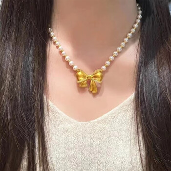 易昇黄金蝴蝶结吊坠女士足金在逃公主珍珠项链锁骨链套链情人节送女友