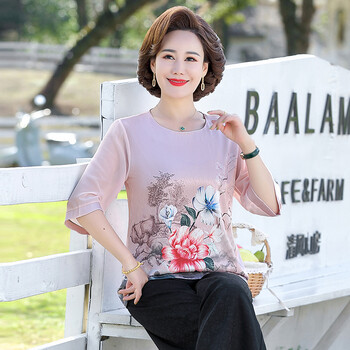 中年女士夏天七分袖小衫妈妈夏装套装两件套夏季时尚减龄t恤上衣服中