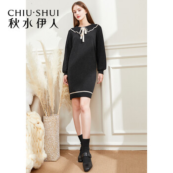 秋水伊人纱线连衣裙2021年冬季新款女装翻领法式优雅中长裙 黑色 L