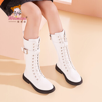 维米欧女童长靴高筒靴秋冬季公主靴童鞋潮宝宝长筒马丁靴儿童靴子白色