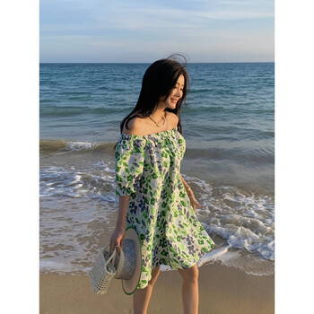 nasalike三亚旅游衣服沙滩裙一字肩碎花连衣裙短裙女夏小个子海边度假