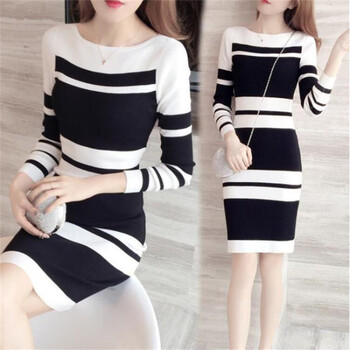 【女装新款】秋冬新款针织连衣裙2021女装条纹中长款收腰显瘦包臀毛衣打底裙女 红色 L【100一120】斤