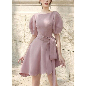 原创设计师女装女巫和骑士春装茱萸粉淡雅气质立体剪裁设计感连衣裙收腰裙子 粉色 S