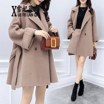 雪妃蓝琪 秋冬连衣裙女2021年女装新款韩版时尚气质小个子中长款加厚毛呢外套女士呢子短裙两件套套装裙 驼色套装 M