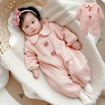 标点熊婴儿连体衣服小公主风女宝宝哈衣加绒加厚新生儿童外出爬服春秋冬 美人条娃娃领粉色 90码 建议身高80-90