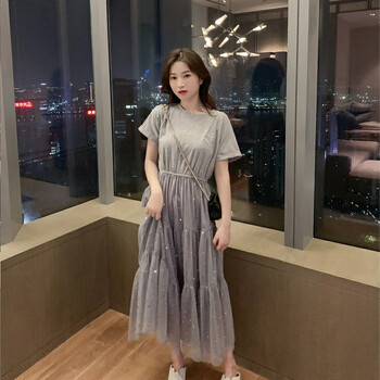 夹谷夏季300斤特连衣裙女超显瘦亮片网纱仙遮肉短袖假两件 hs-688