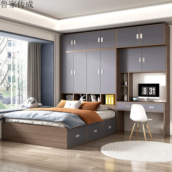 榻榻米床柜一体床衣柜床全实木床双人床带书桌书架组合高箱储物床可