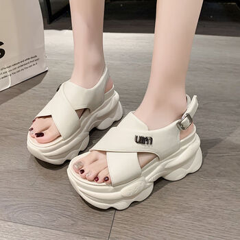 桂杉格运动老爹凉鞋女潮2023年夏季时尚百搭增高罗马厚底松糕鞋米白色