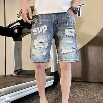 有阁貂夏季破洞牛仔短裤男士韩版潮流五分裤潮牌字母沙滩裤外穿休闲