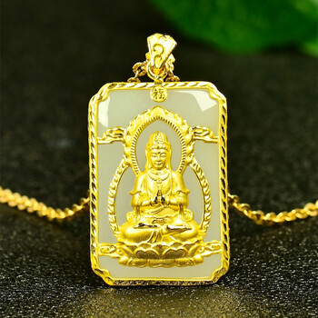 语姗观音吊坠挂件金镶玉镶嵌和田玉项坠男女款节日送礼 观音吊坠约3克