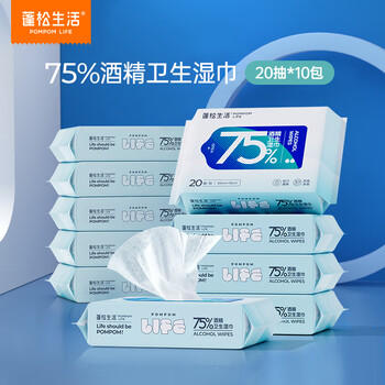 蓬松生活75%酒精湿巾消毒一次性杀菌率99.9%便携小包 加厚加大15*20cm 酒精湿巾 20抽 10包