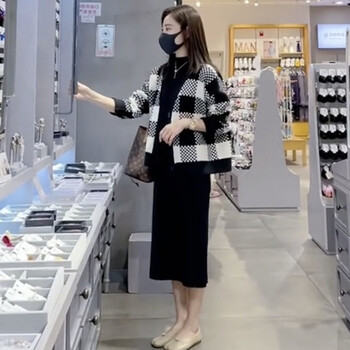 米珀莉连衣裙秋冬女装小香风两件套套装裙时尚气质2021新款显瘦长袖学院风洋气外套宽松休闲修身针织打底 套装 均码