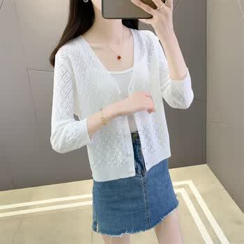 众妃春秋新款披肩外搭镂空针织开衫外套女春夏薄款冰丝空调衫 白色 s