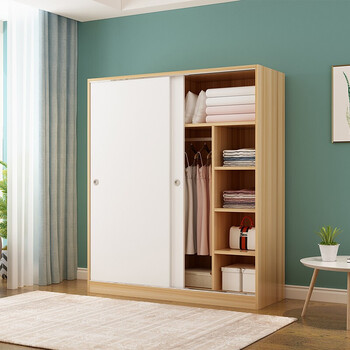 沃尔福 衣柜推拉门木质衣橱卧室简易收纳大衣柜子 浅胡桃色 白色 80*