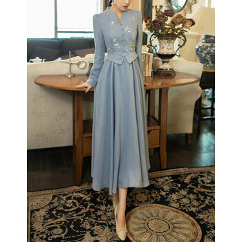 原创设计师女装女巫和骑士中国风修身时尚气质假两件2021冬季新款长袖连衣裙长裙 蓝色 XL