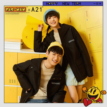 【吃豆人联名】A21秋冬季2021新款男装梭织时尚街头宽松连帽立体袋设计长袖开胸夹层男外套情侣款 黑色 170/84A/M