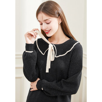 秋水伊人纱线连衣裙2021年冬季新款女装翻领法式优雅中长裙 黑色 L