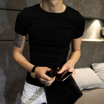 精神小伙紧身衣短袖男修身社会潮流潮韩版半袖服t恤青年衣服 纯色短
