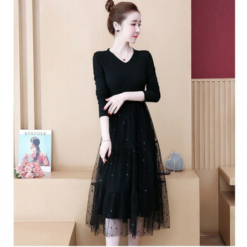 【女装新款】女装秋冬季简约针织裙子松紧腰打底拼接网纱连衣裙V领T恤 黑色【S1】 L 【95-110斤】