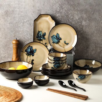 韩国品质家用碗碟手绘碗盘日式复古窑变米饭碗汤碗筷乔迁如四人食22