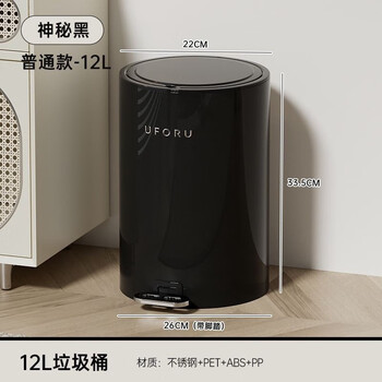 享家美轻奢脚踏式垃圾桶不锈钢带盖大号客厅厨房卫生间卧室网红桶高颜值 神秘黑纯色款12L
