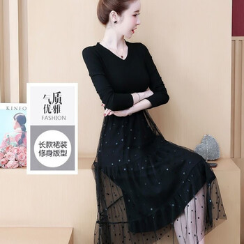 【女装新款】女装秋冬季简约针织裙子松紧腰打底拼接网纱连衣裙V领T恤 黑色【S1】 L 【95-110斤】