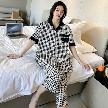 圣曼萱夏季大码睡衣女200斤纯棉翻领格子短袖七分裤宽松家居服套装胖