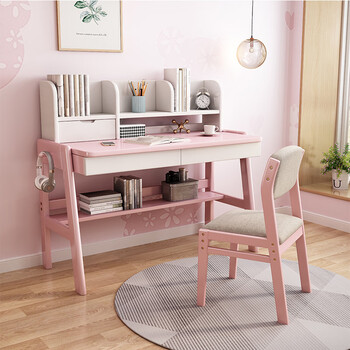 2m全实木现代女孩可调节学生学习桌 1.2m书桌 粉色