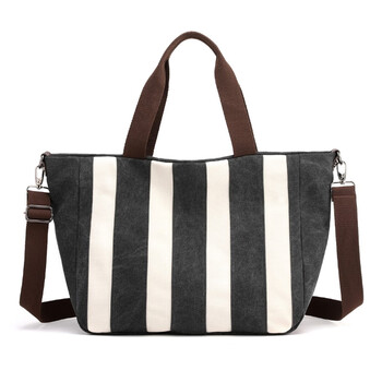 小郎人帆布包女单肩斜挎布兜手提布袋条纹撞色大容量简约休闲女士包包