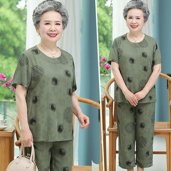 款短袖衬衫套装中老年人女奶奶夏装短袖t恤两件套妈妈全棉衣服老人套