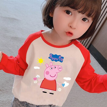 彩选男童小猪佩奇衣服女童春秋纯棉t恤儿童幼儿园宝宝全棉长袖打底衫