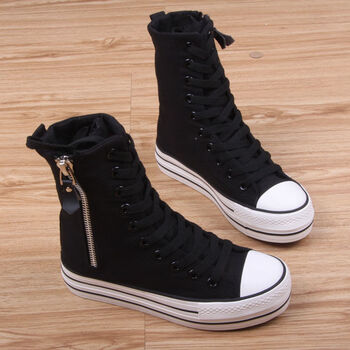 小白鞋跑步运动休闲鞋韩版厚底内增高高筒帆布鞋长筒靴子百搭款帆布靴