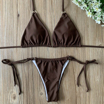 欧美新款三角比基尼泳衣女抽绳绑带性感三点式小胸bikini沙滩拍照咖色