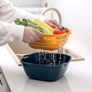 枍诣堂双层沥水篮洗菜盆漏水篮塑料洗菜篮厨房洗菜框客厅水果盘果篮菜篮子六件套大号家用多功能加厚收纳篮 蓝黄【6件套】大中小
