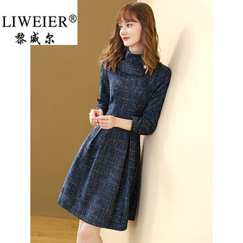 黎威尔品牌女装半高领连衣裙女2021年秋季新款高端蓝色A字裙高腰七分袖裙子 蓝色 165/88A/L