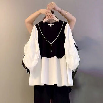 索宛亦（SUOWANYI）胖mm套装女2022新款大码女装拼接泡泡袖上衣宽松显瘦喇叭裤两件套 白色上衣 2XL 建议140-160斤