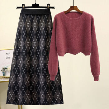 【特价捡漏】恒源祥网红同款秋冬季连衣裙套装裙子秋冬装套装2021新款潮女装百搭毛衣显瘦半身 红色毛衣+灰色半身裙 【两】 M 【建议80-100斤】