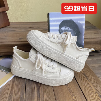 herlook鞋春季新款百搭乞丐黑色帆布鞋透气厚底增高休闲米色35