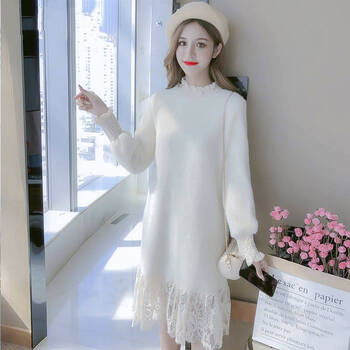 【女装新款】半高领连衣裙女2021秋装新款韩版中长款蕾丝拼接时尚毛绒打底衫女 粉色面料 XL