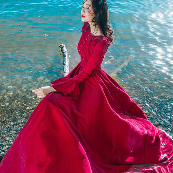 【女装新款】春夏季文艺复古红色灯芯绒连衣裙沙漠度假衣服长袖仙女装大摆长裙 红色 M秋冬新品